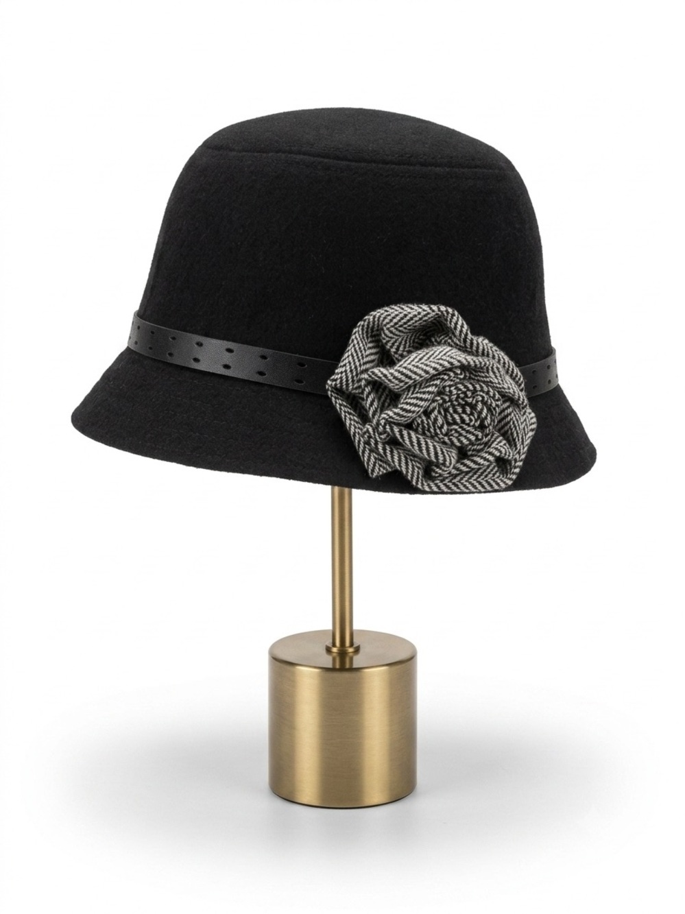 Women's Black Cloche Hat with Gray Floral Accent